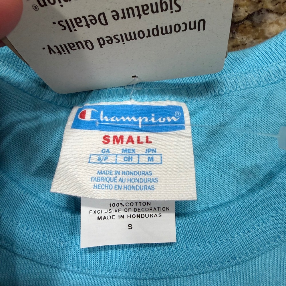 NEW Champion Heritage Tee Mens Small Light Blue Chenille Big C Logo T-Shirt ws - Picture 2 of 5